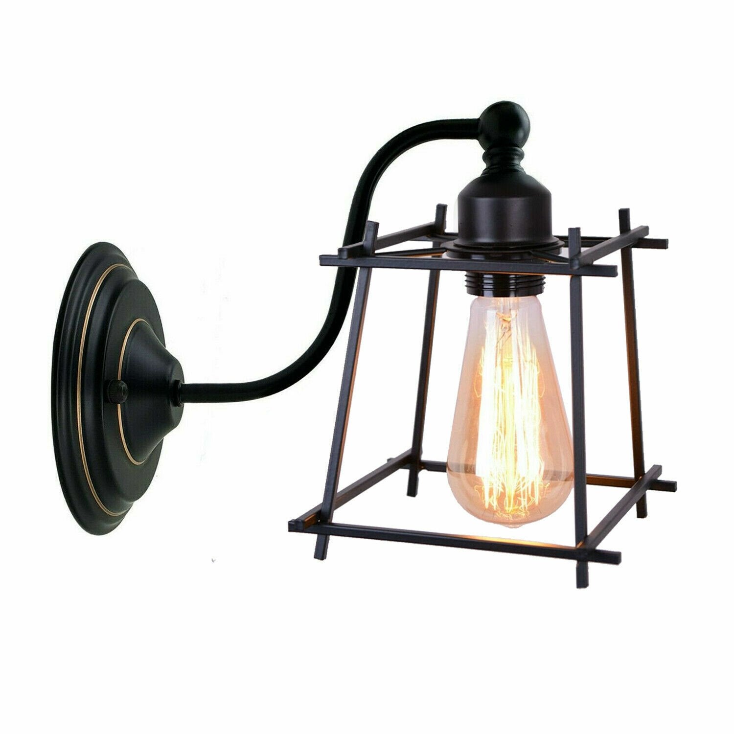 Black wall-mounted lamp with a lit bulb