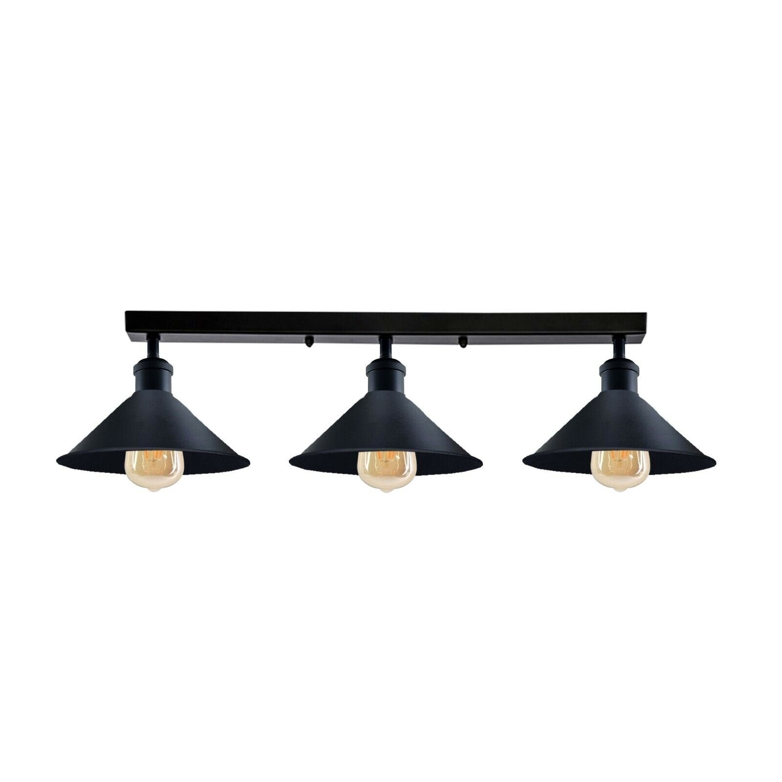 Black three-light fixture with exposed bulbs on a white background