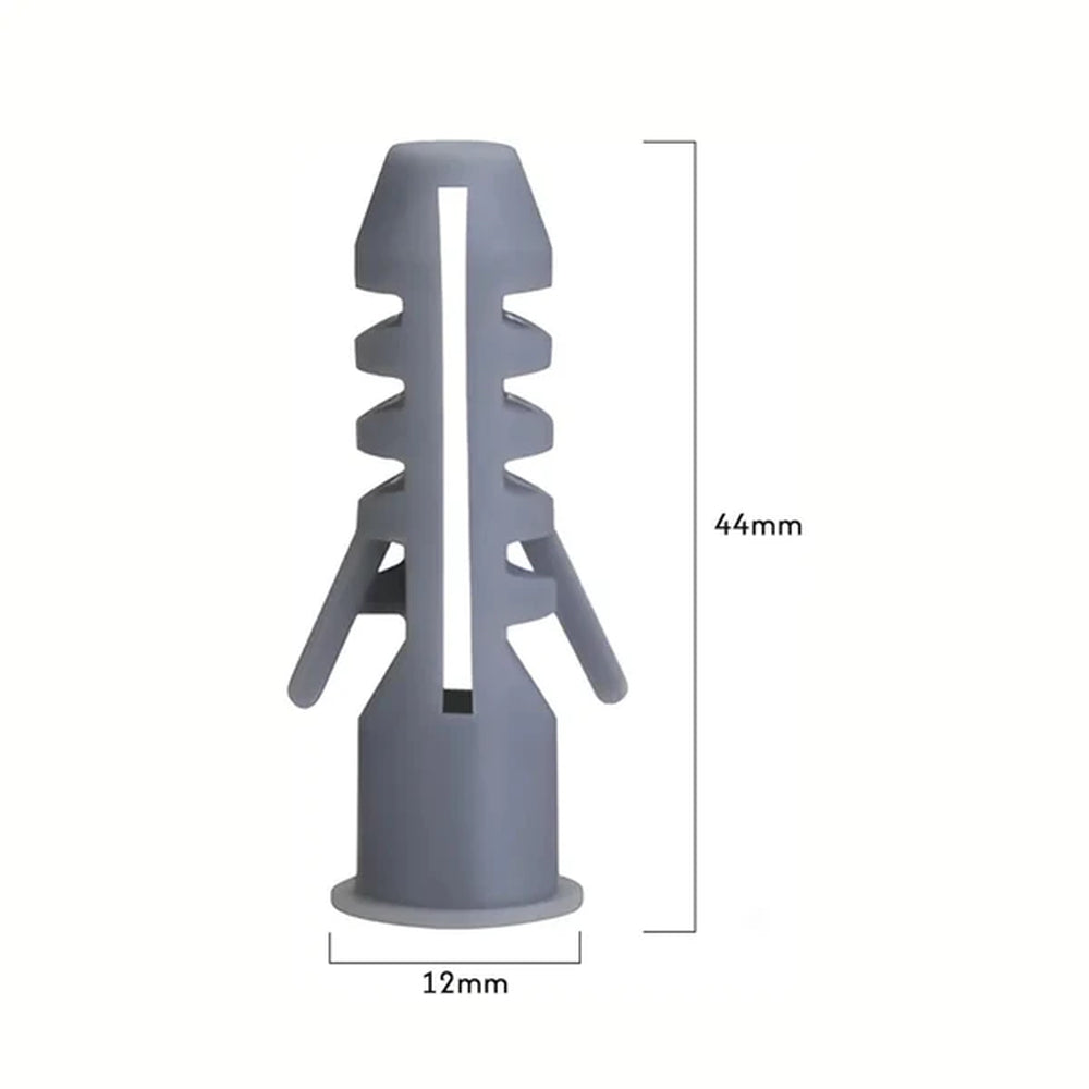 grey 12mm wall plug with dimensions marked