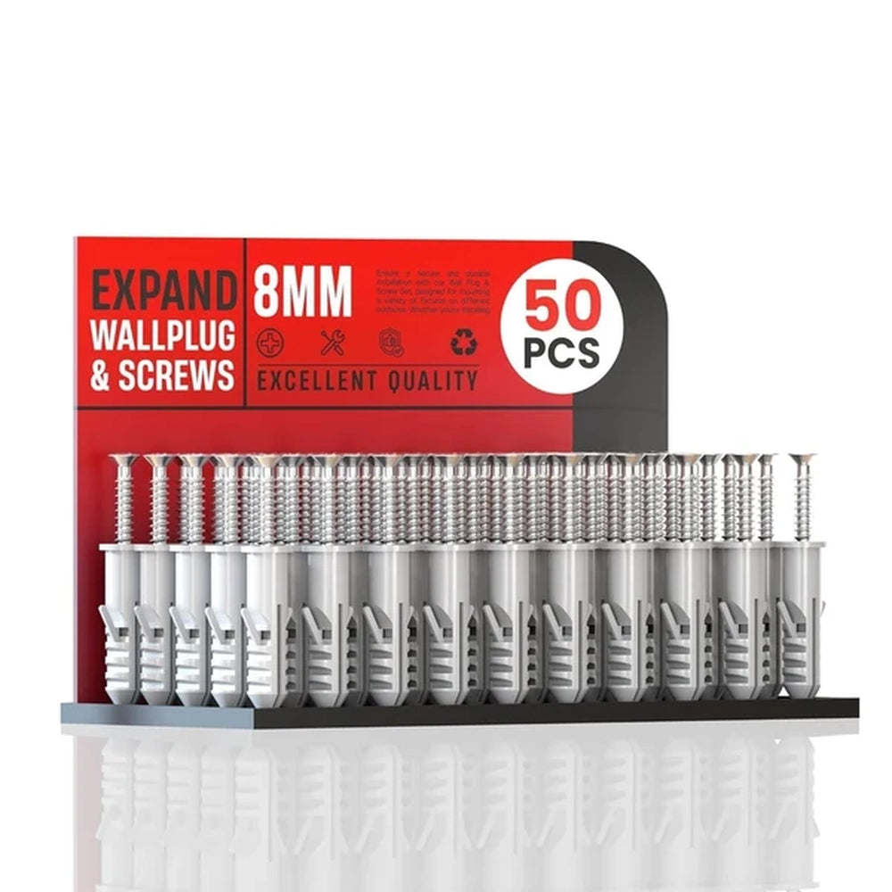 display pack of 50 grey 8mm wall plugs and screws