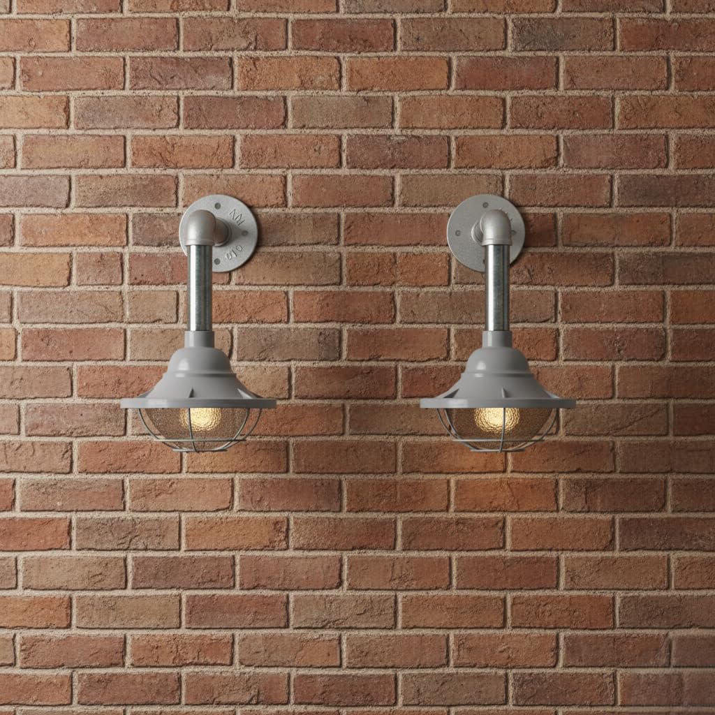 grey industrial wall light 2-pack with bulb, E27 metal conduit wall sconce, 10.5cm grey fisherman cage lamp, functional industrial wall light set, metal pipe wall light included bulb
