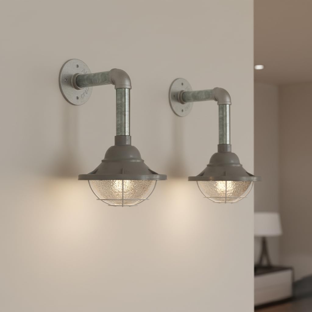 grey industrial wall light 2-pack with bulb, E27 metal conduit wall sconce, 10.5cm grey fisherman cage lamp, functional industrial wall light set, metal pipe wall light included bulb