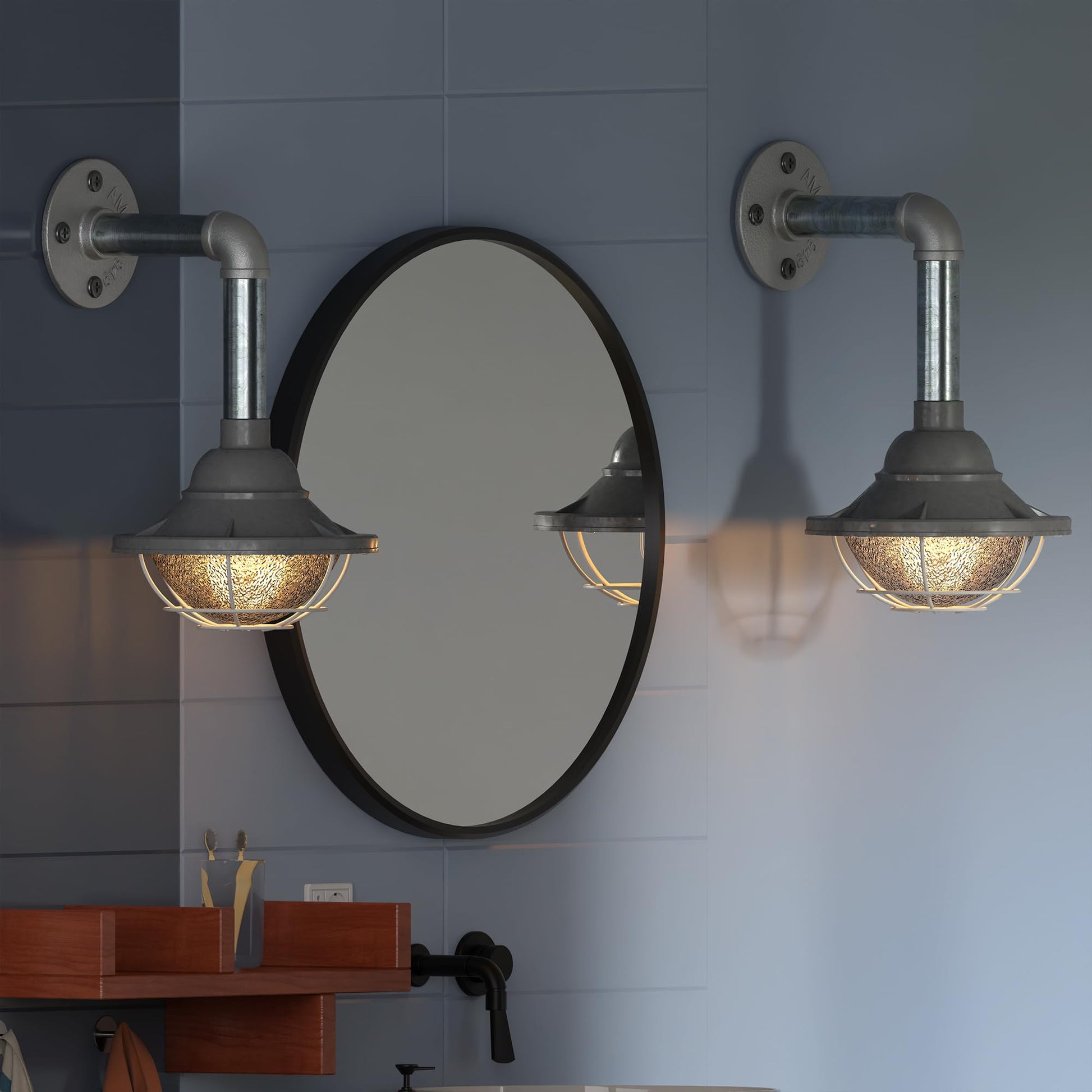 grey industrial wall light 2-pack with bulb, E27 metal conduit wall sconce, 10.5cm grey fisherman cage lamp, functional industrial wall light set, metal pipe wall light included bulb