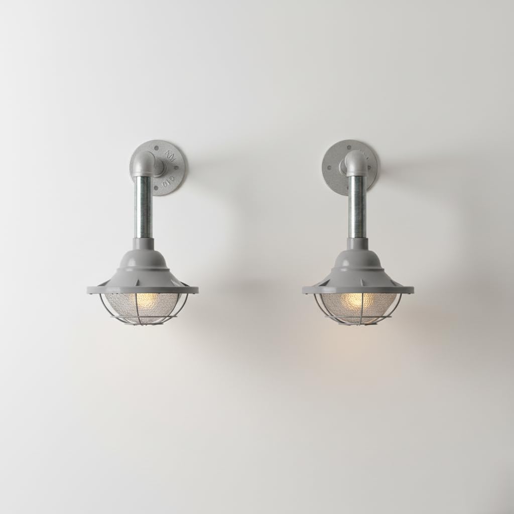 grey industrial wall light 2-pack with bulb, E27 metal conduit wall sconce, 10.5cm grey fisherman cage lamp, functional industrial wall light set, metal pipe wall light included bulb