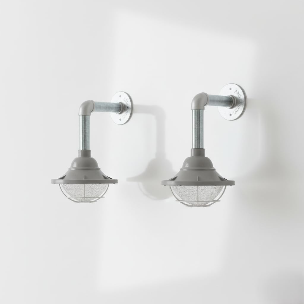 grey industrial wall sconce 2-pack, galvanised pipe light fixture, metal fisherman cage lamp grey, E27 vintage wall lighting 10.5cm, conduit pipe wall decor without bulb