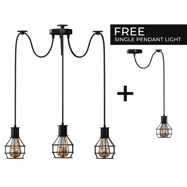 Lámpara colgante de techo de interior de 2 vías, estilo retro industrial, con forma de jaula de nido de cobre cepillado, de metal, ~3490 – Black / 3 Head / No