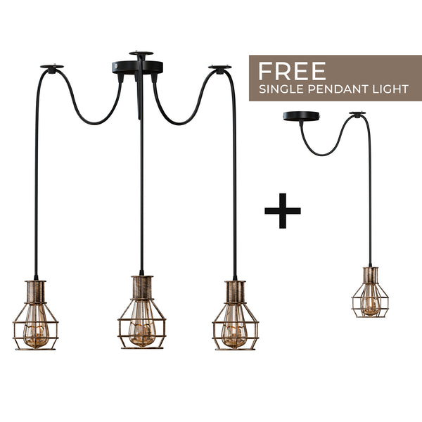 Lámpara colgante de techo de interior de 2 vías, estilo retro industrial, con forma de jaula de nido de cobre cepillado, de metal, ~3490 – Brushed Copper / 3 Head / No