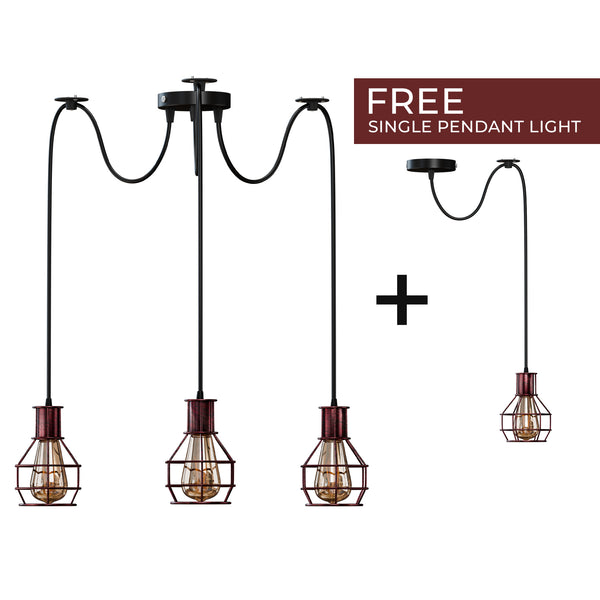 Lámpara colgante de techo de interior de 2 vías, estilo retro industrial, con forma de jaula de nido de cobre cepillado, de metal, ~3490 – Rustic Red / 3 Head / No