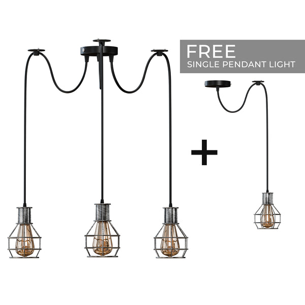 Lámpara colgante de techo de interior de 2 vías, estilo retro industrial, con forma de jaula de nido de cobre cepillado, de metal, ~3490 – Brushed Silver / 3 Head / No