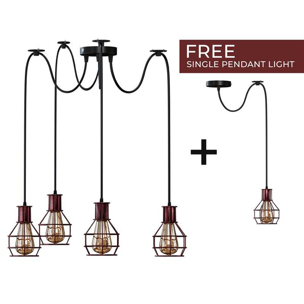 Lámpara colgante de techo de interior de 2 vías, estilo retro industrial, con forma de jaula de nido de cobre cepillado, de metal, ~3490 – Rustic Red / 4 Head / No