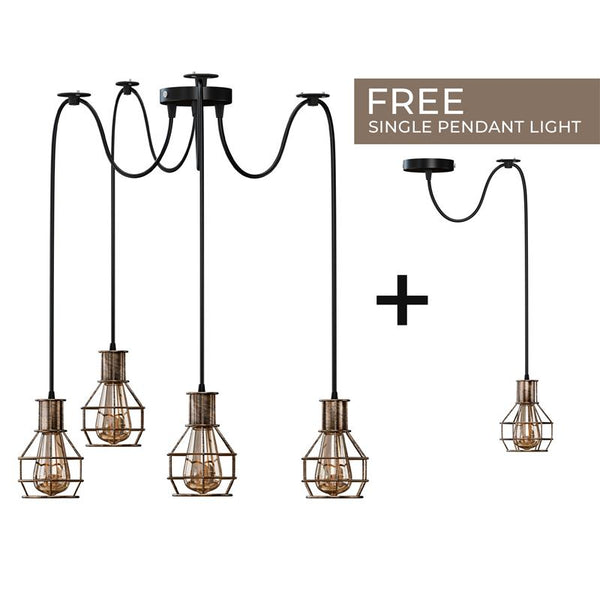 Lámpara colgante de techo de interior de 2 vías, estilo retro industrial, con forma de jaula de nido de cobre cepillado, de metal, ~3490 – Brushed Copper / 4 Head / No