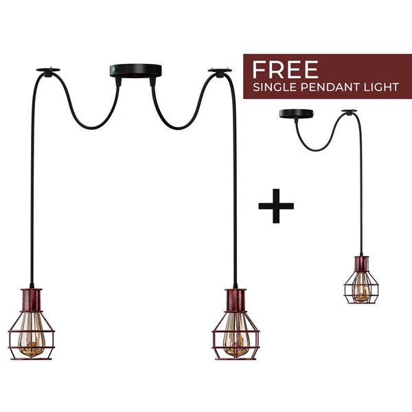 Lámpara colgante de techo de interior de 2 vías, estilo retro industrial, con forma de jaula de nido de cobre cepillado, de metal, ~3490 – Rustic Red / 2 Head / No