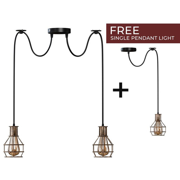 Lámpara colgante de techo de interior de 2 vías, estilo retro industrial, con forma de jaula de nido de cobre cepillado, de metal, ~3490 – Brushed Copper / 2 Head / No