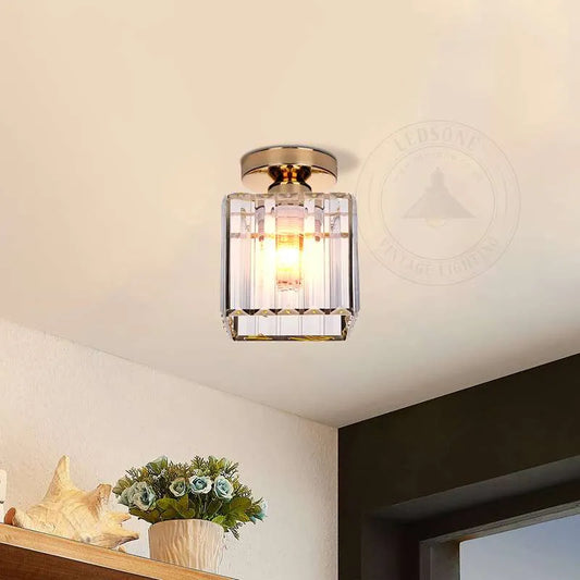 Crystal Semi Flush Ceiling Light Fixture E27 Square Fitting Ceiling Lamp Chandelier-Application 7