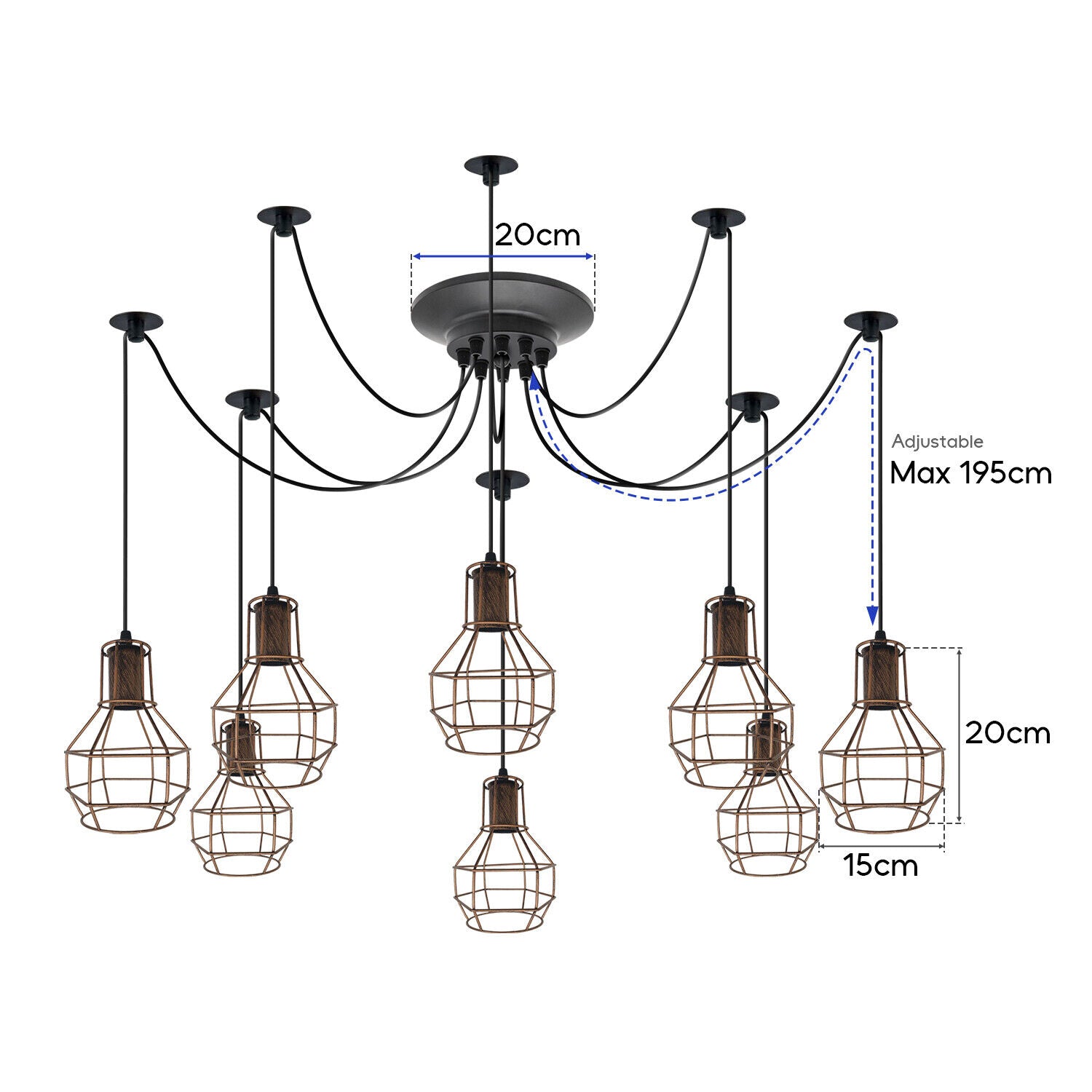 Industrial spider light pendant hanging in dining room