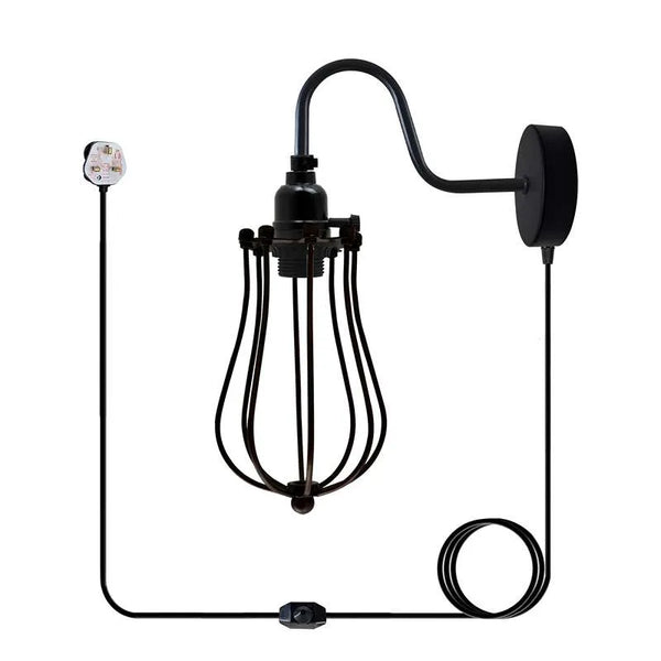 Plug-in Industrial Wall Lamp – Black Wire Cage – E27 Vintage Style~5059 – Style 2 / No