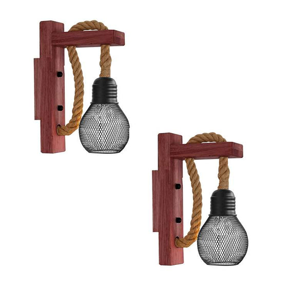 Rope Wall Lights Rustic Vintage Wooden Wall Lamps ~4571 – 2 Pack / Without Bulb