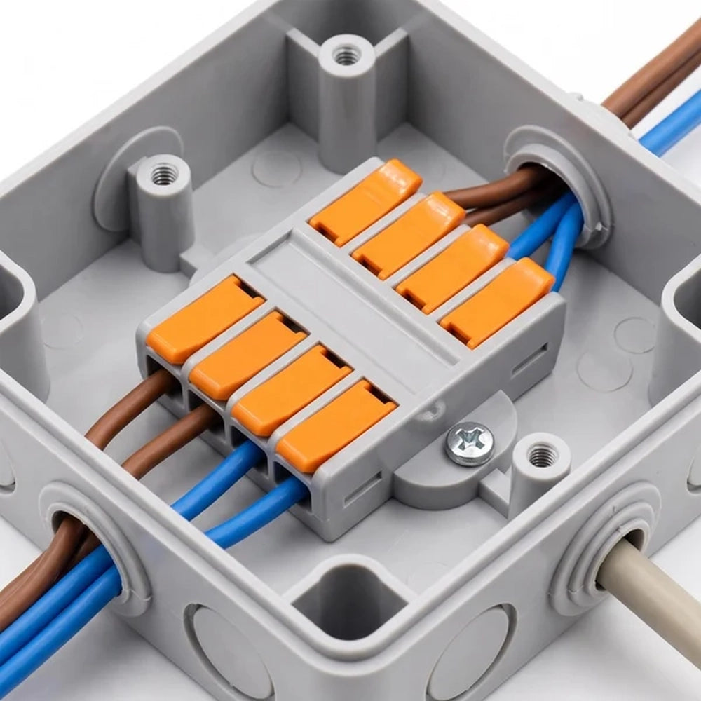lever wire connector joining cables inside a grey junction box