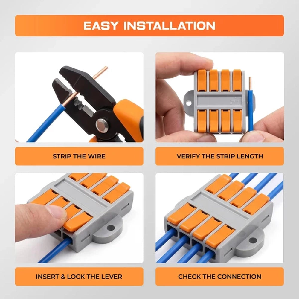 steps to fit a lever wire connector: strip, check length, insert, lock