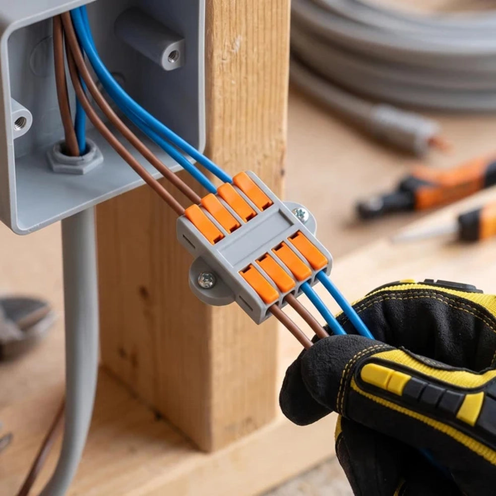 lever wire connector joining cables by a wooden stud and junction box