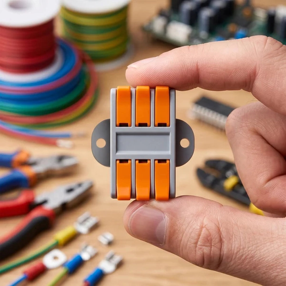 hand holding a lever wire connector over workshop tools and wires
