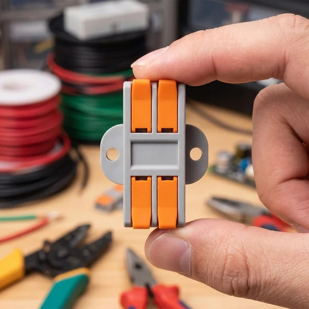 hand holding a lever wire connector on a workbench with wires
