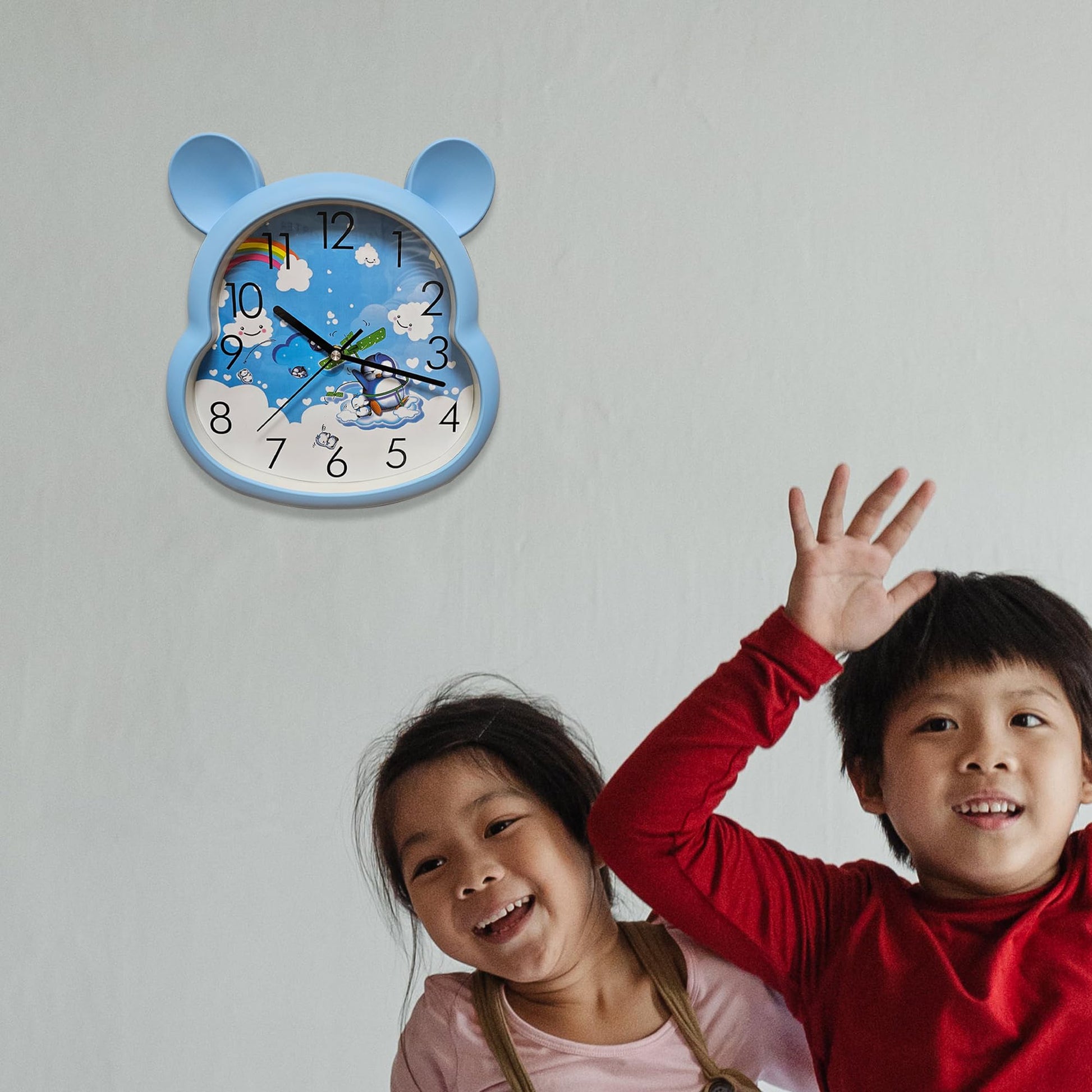 light blue non-ticking wall clock, blue quartz clock for boys room, 35 cm round wall clock light blue, battery powered silent children's clock, large numbers round clock blue