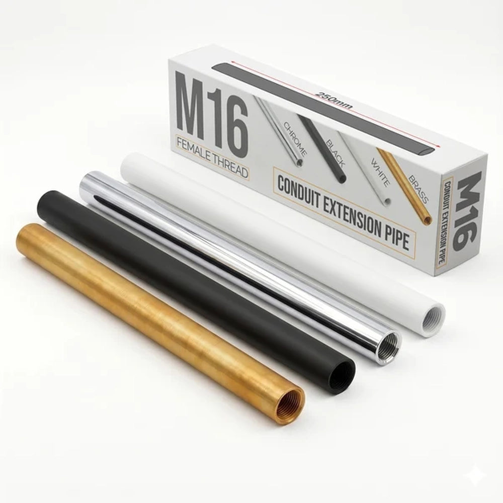 boxed M16 conduit extension pipes in brass, black, chrome and white