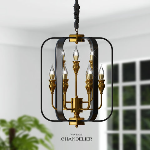 Lantern Black Metal Chandeliers 9-Light Adjustable Height Farmhouse Ceiling Chandelier~4622