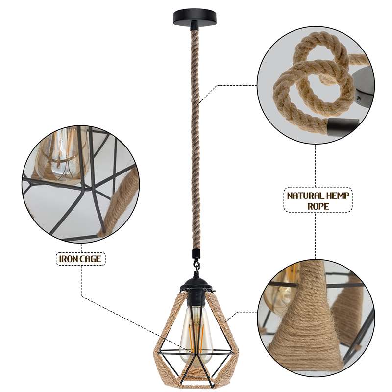 Hemp Rope Pendant Light Vintage Retro Loft Industrial Hanging Lamp-Detail