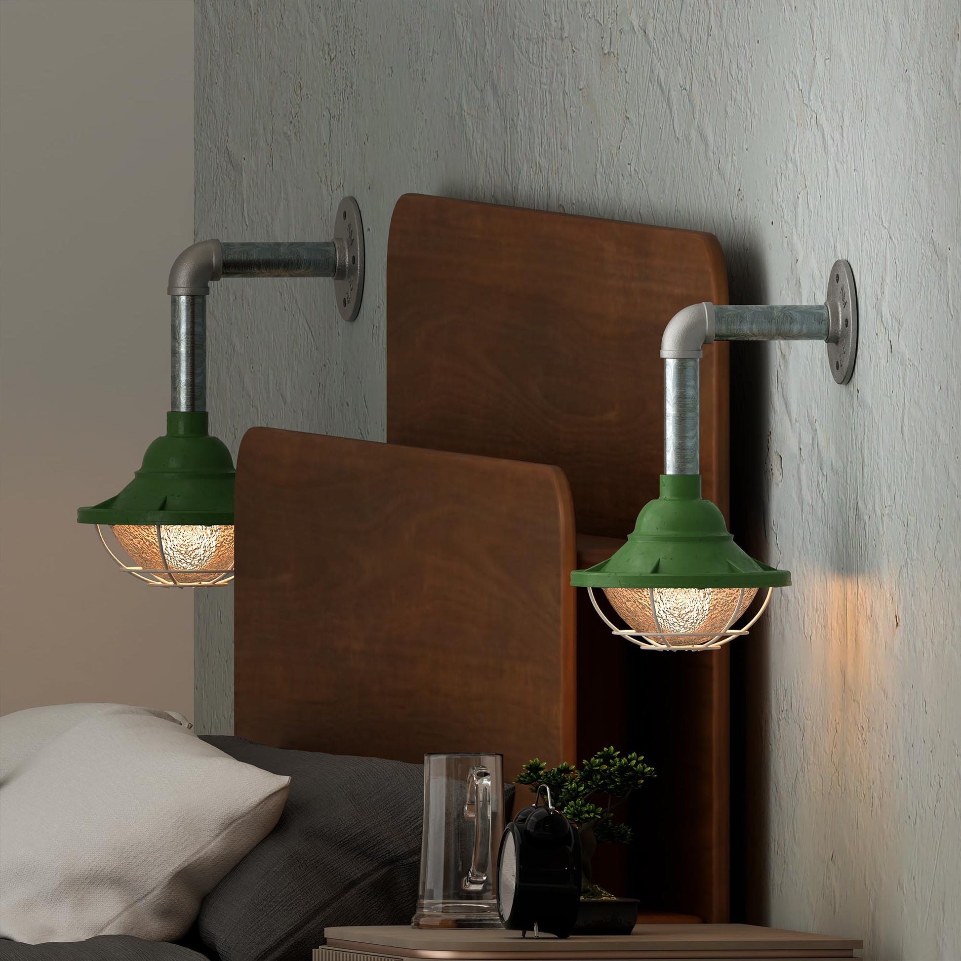 green galvanized steel wall sconce with bulb, 2-pack industrial wall light green, 10.5cm metal fisherman cage lamp, E27 vintage green pipe lighting, ready-to-install green wall sconces