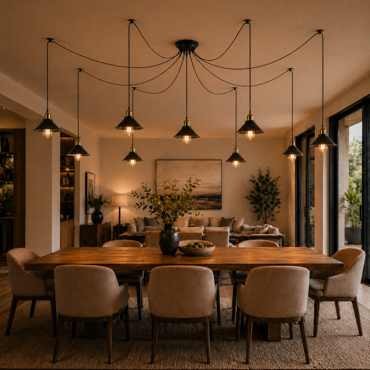 Dining room with wooden table and chairs, modern chandelier, and a cozy living area.
