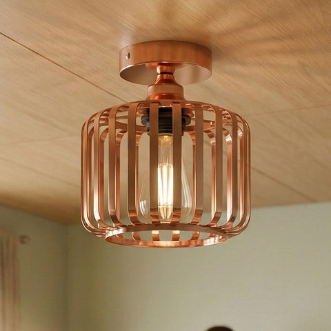 Industrial Rose Gold Cage Ceiling Light | E27 Semi Flush Mount ~6620