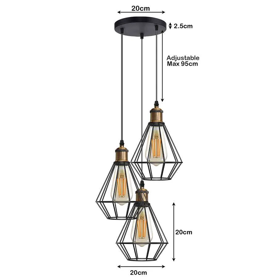 20cm width 20cm height cage 3 light pendant hanging light