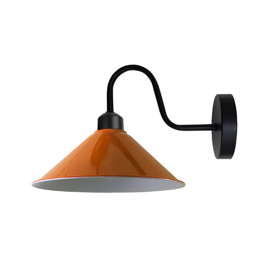Side view of retro orange metal wall lamp with curved black arm and standard E27 bulb socket