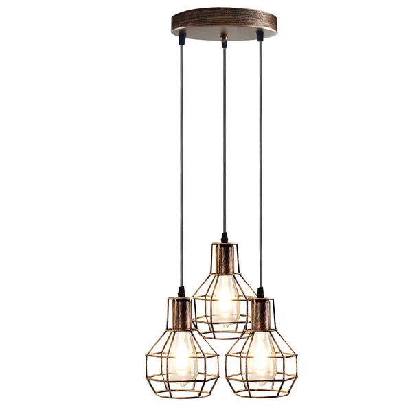 3-Light Hanging Brushed Brass Cage Pendent Fixture~5318 – Brushed Copper / Yes