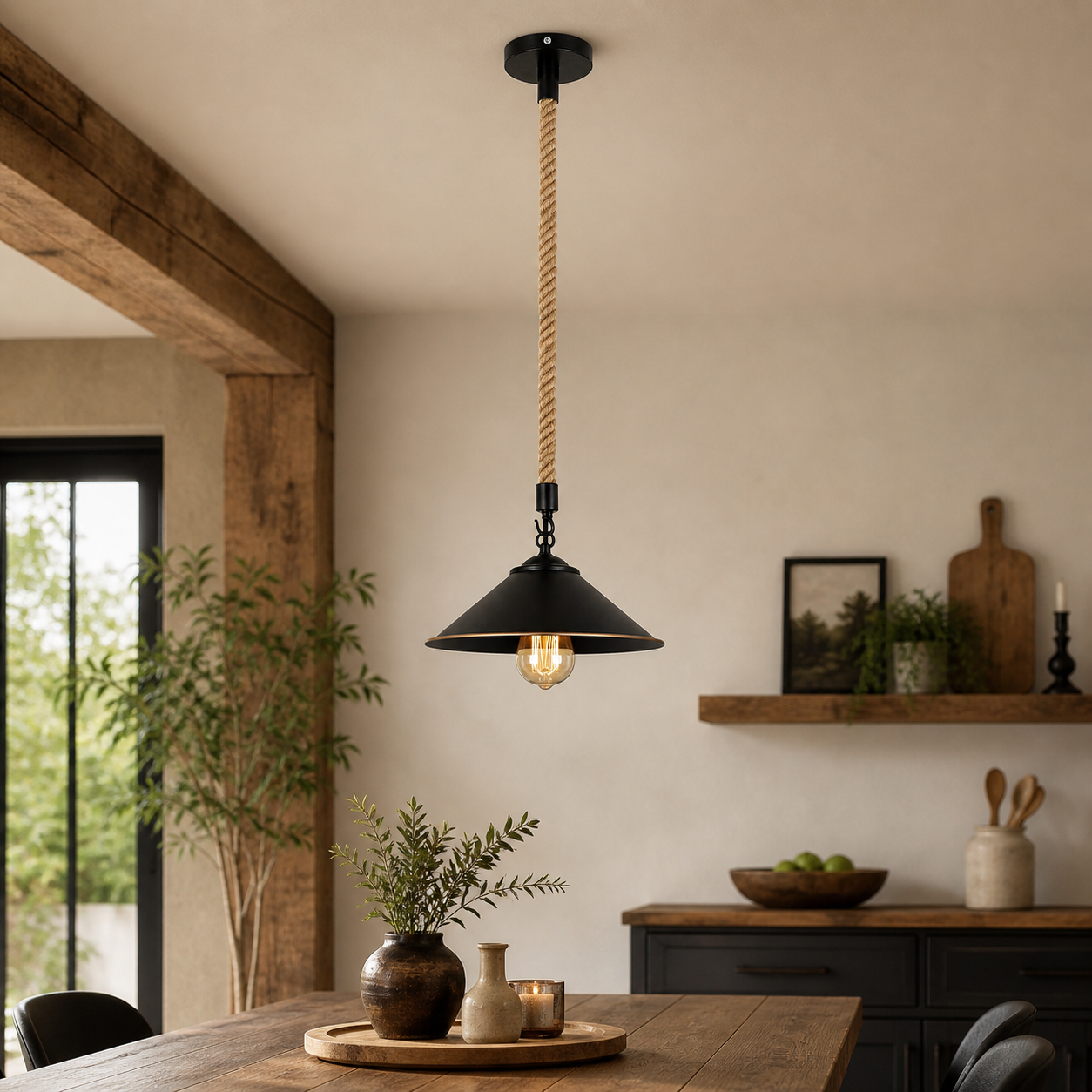 pendant light hanging in a kitchen with wooden table and decor