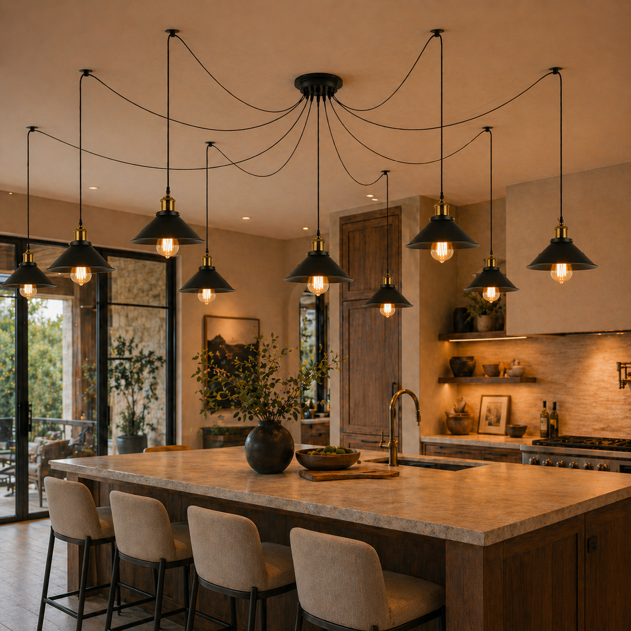 Modern kitchen with pendant lights, island, and chairs