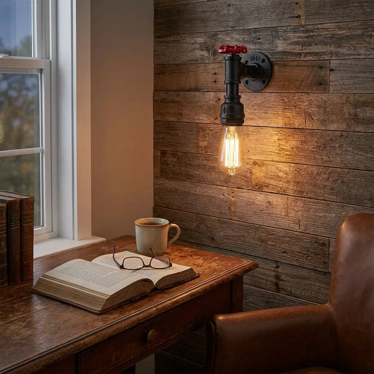 Vintage Black Metal Water Pipe Wall Sconce Light Holder with Wheel~2070