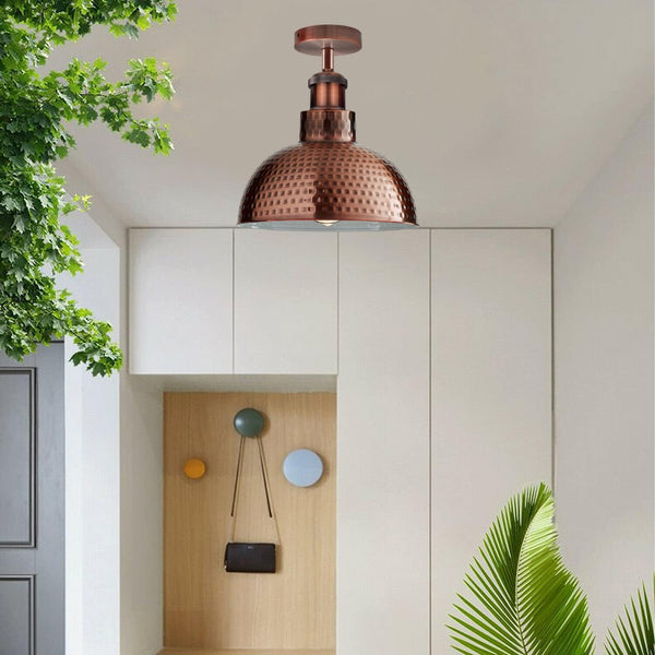Vintage Industrial Semi-Flush Ceiling Light E27 | Hammered Metal Dome ~6382 – Copper (26cm)