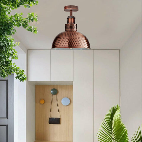 Vintage Industrial Semi-Flush Ceiling Light E27 | Hammered Metal Dome ~6382