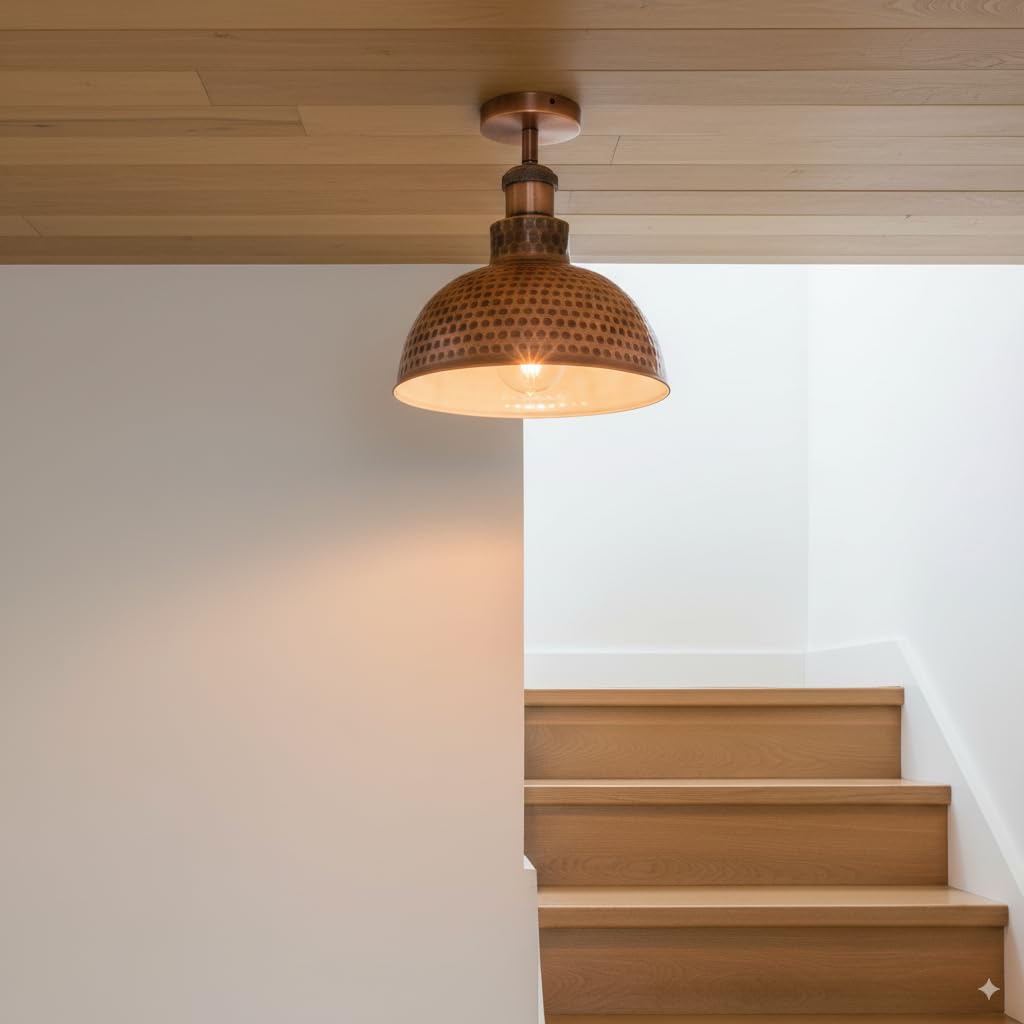 fixture e27 semi vintage island polished copper dome ceiling light 26 cm, E27 retro copper flush mount, industrial metal copper sconce, warm-toned ceiling lighting