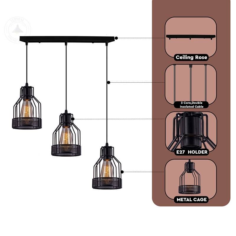 3 way Ceiling pendant Light Cage Rectangle Light Fitting-Detail 1