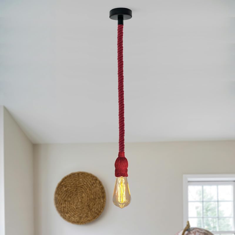 shade light black ceiling red rope light with bulb, E27 red hemp pendant kit, complete rustic Christmas fixture, adjustable single red hanging lamp, industrial rope light included bulb.
