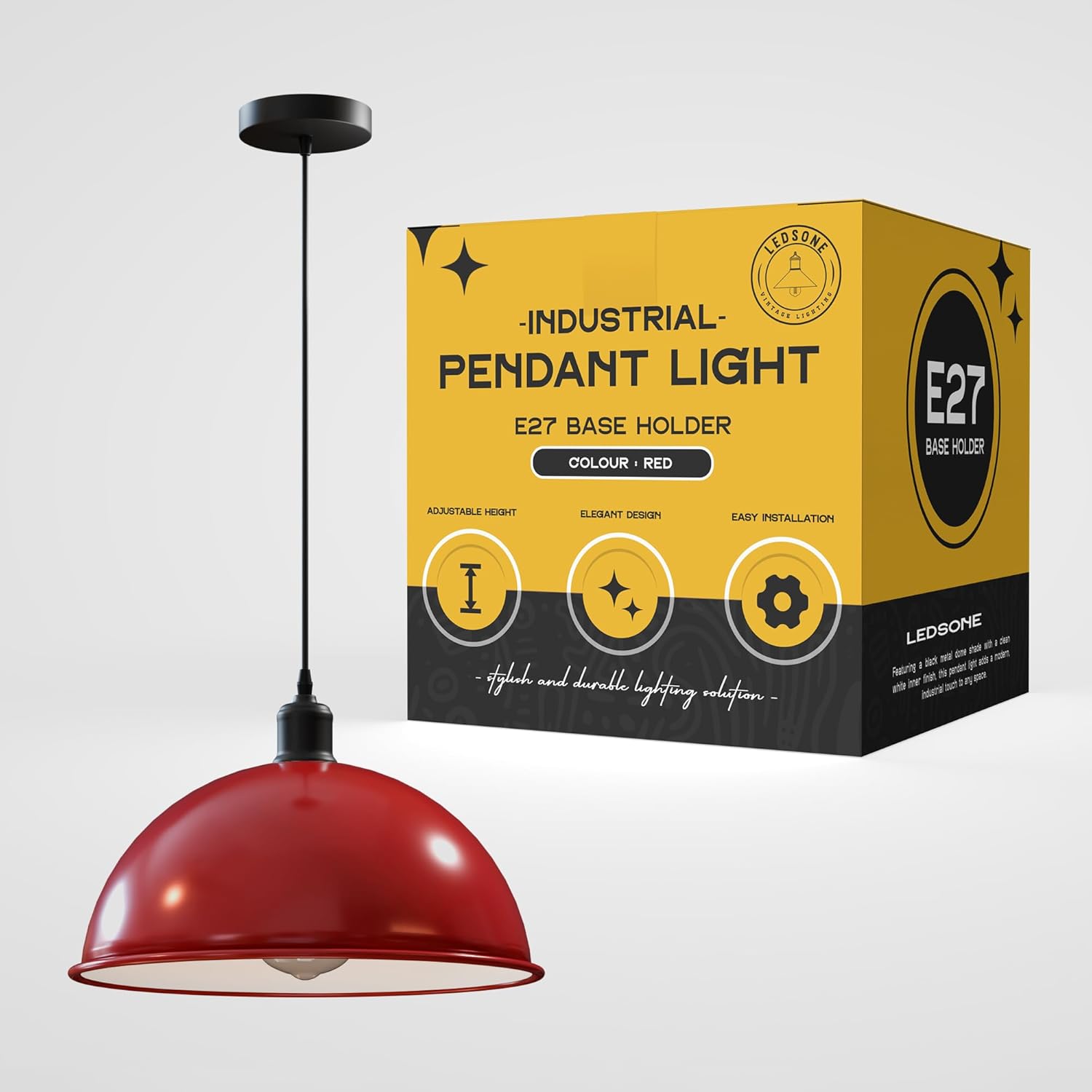 vibrant red dome pendant light fixture, single E27 red hanging light no bulb, adjustable red metal light shade, retro red ceiling fixture shell, red dome light for dining room