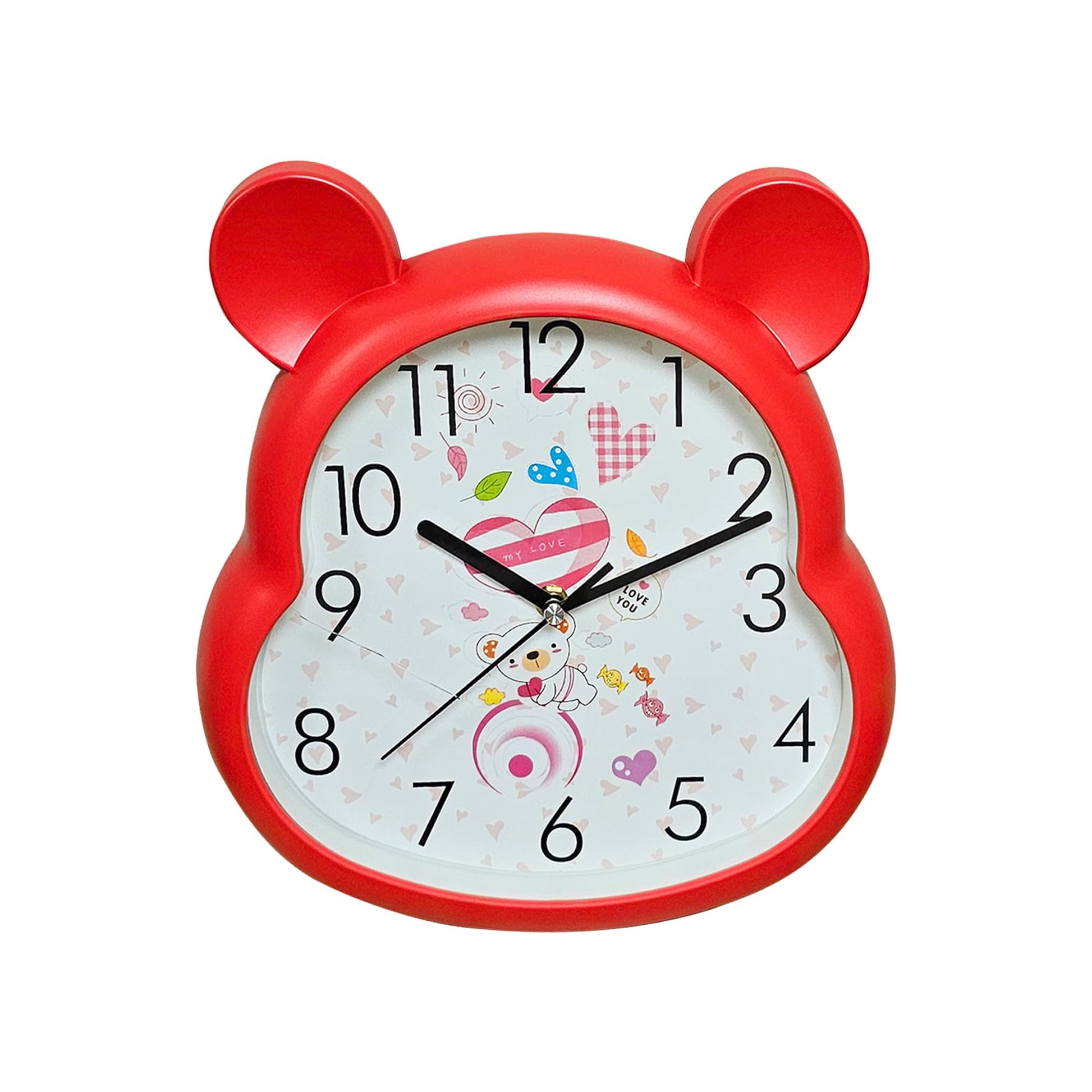 red non-ticking wall clock for kids, red frame quartz clock for nursery, large numbers round clock red, battery powered silent children's clock, 35 cm red wall clock