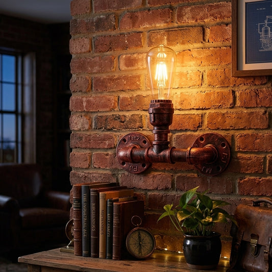 Aplique de pared Steampunk E27 estilo rústico con forma de pipa de agua roja ~4458