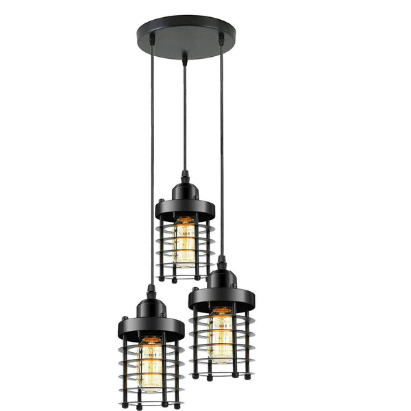 3-Light Metal Cage Cluster Pendant – Ceiling Mount (Model 5313) – Black / Yes