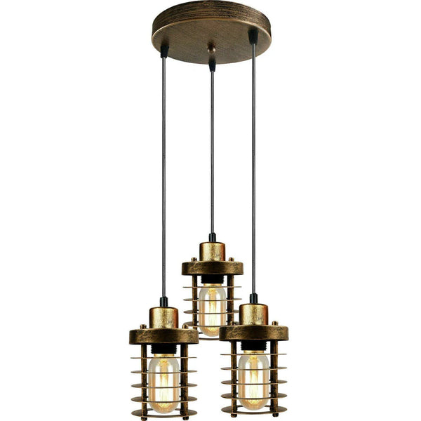 3-Light Metal Cage Cluster Pendant – Ceiling Mount (Model 5313) – Brushed Copper / Yes