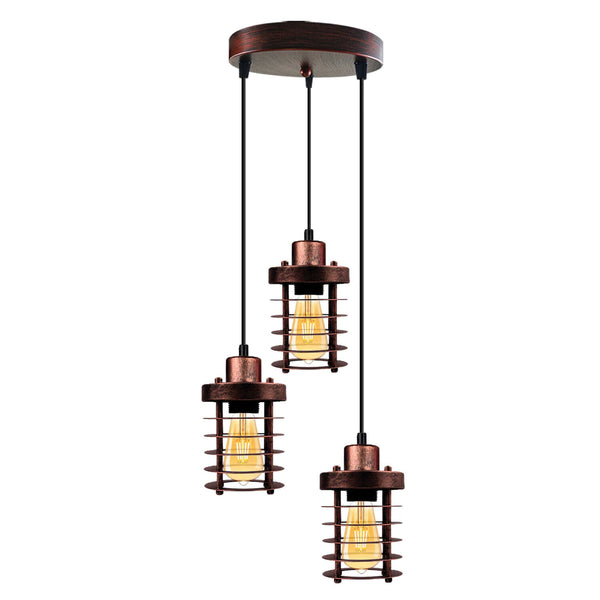 3-Light Metal Cage Cluster Pendant – Ceiling Mount (Model 5313) – Rustic Red / Yes